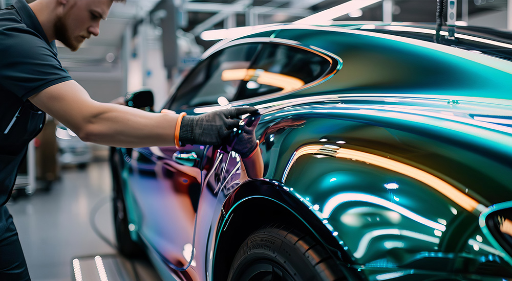 Images of man applying final touches to a custom car wrap in green