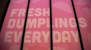 A close up image of backlit window wrap with 'Fresh dumplings' message and illustrations of dumplings surrounding the message.