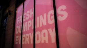 Backlit window wrap with 'Fresh dumplings' message and illustrations of dumplings surrounding the message.