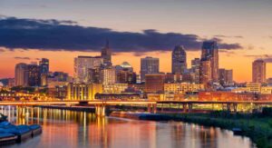 Downtown St. Paul, Minnesota skyline along the Mississippi River in the Twin Cities metro area.